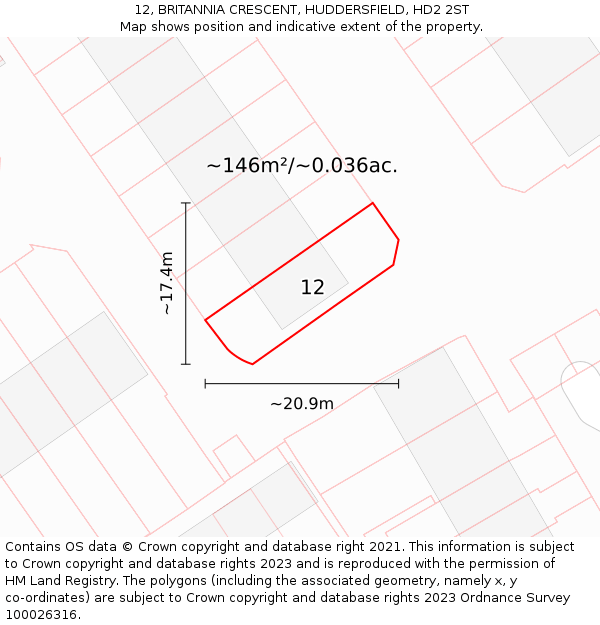 12, BRITANNIA CRESCENT, HUDDERSFIELD, HD2 2ST: Plot and title map