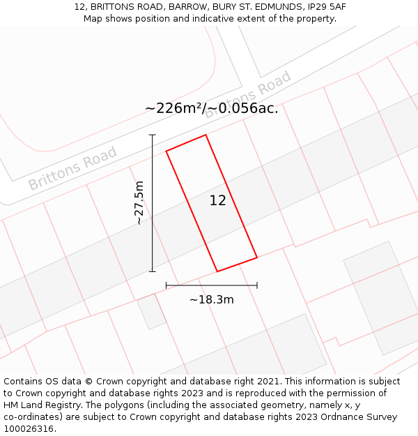 12, BRITTONS ROAD, BARROW, BURY ST. EDMUNDS, IP29 5AF: Plot and title map