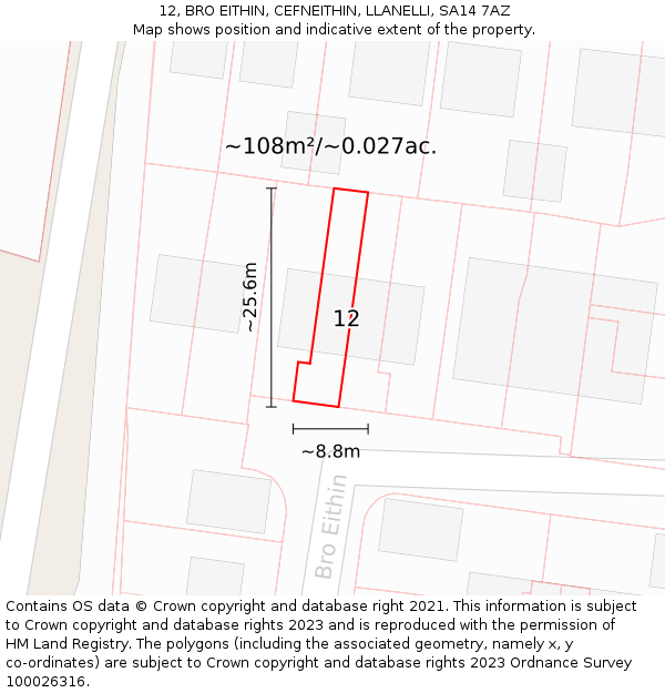 12, BRO EITHIN, CEFNEITHIN, LLANELLI, SA14 7AZ: Plot and title map