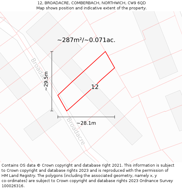 12, BROADACRE, COMBERBACH, NORTHWICH, CW9 6QD: Plot and title map