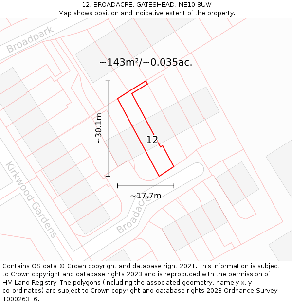 12, BROADACRE, GATESHEAD, NE10 8UW: Plot and title map