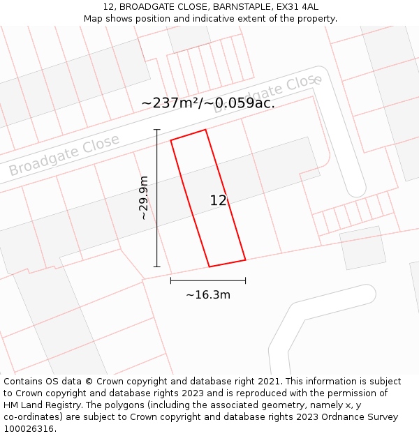 12, BROADGATE CLOSE, BARNSTAPLE, EX31 4AL: Plot and title map