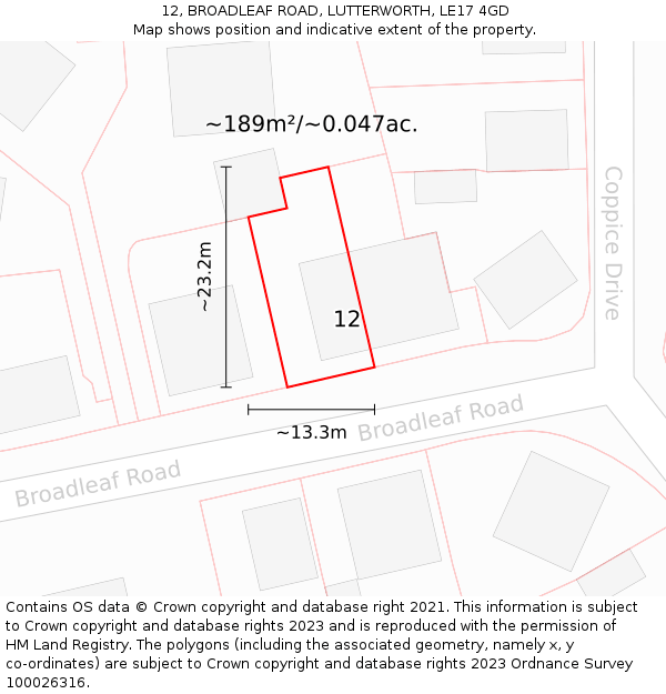 12, BROADLEAF ROAD, LUTTERWORTH, LE17 4GD: Plot and title map