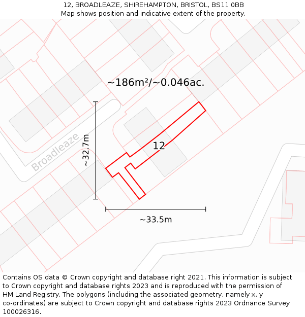 12, BROADLEAZE, SHIREHAMPTON, BRISTOL, BS11 0BB: Plot and title map