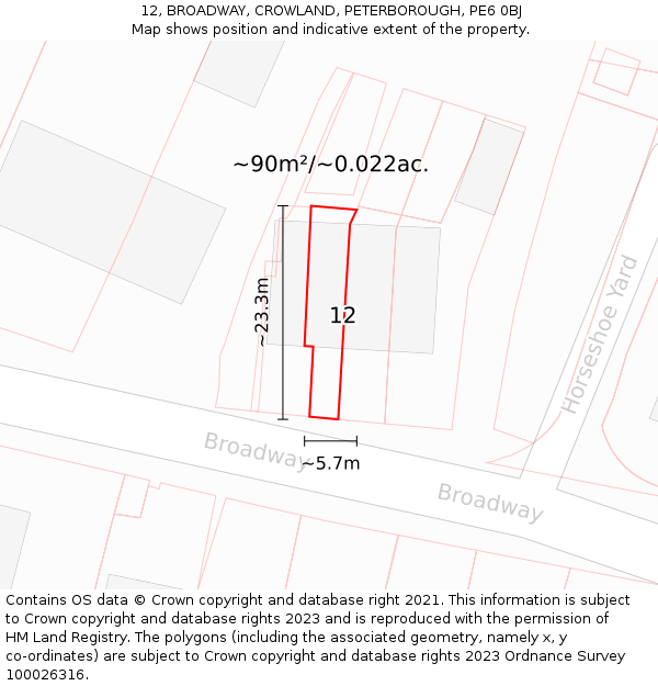 12, BROADWAY, CROWLAND, PETERBOROUGH, PE6 0BJ: Plot and title map