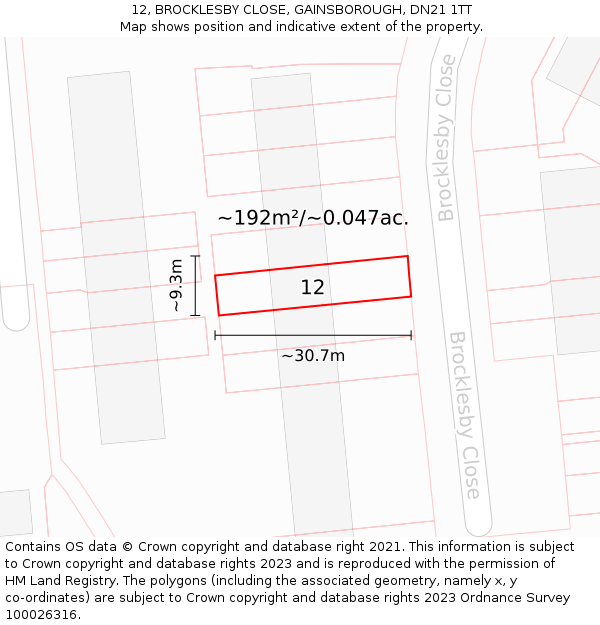 12, BROCKLESBY CLOSE, GAINSBOROUGH, DN21 1TT: Plot and title map