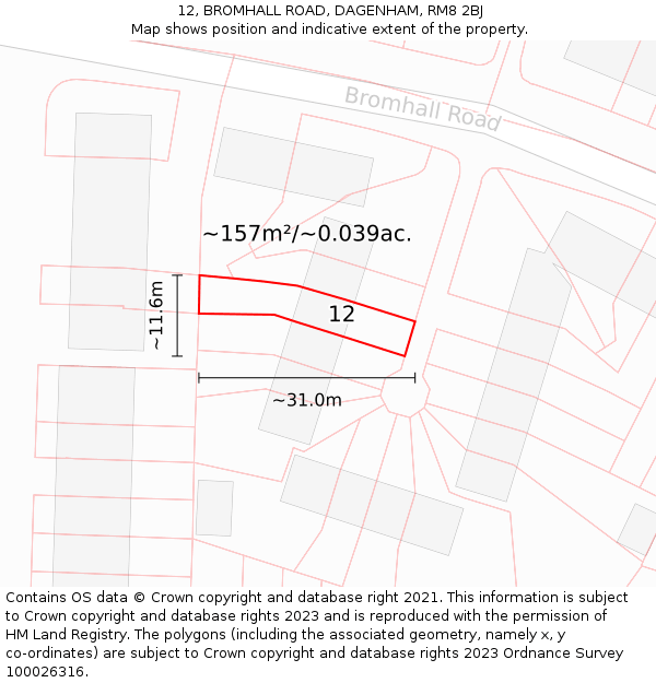 12, BROMHALL ROAD, DAGENHAM, RM8 2BJ: Plot and title map