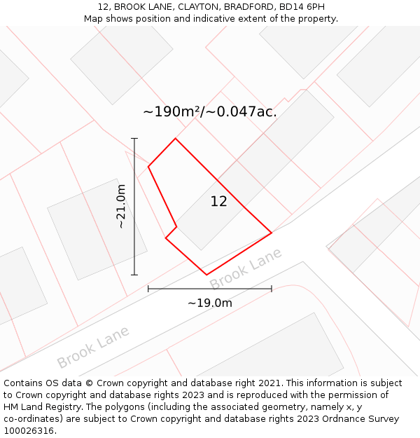 12, BROOK LANE, CLAYTON, BRADFORD, BD14 6PH: Plot and title map
