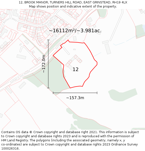 12, BROOK MANOR, TURNERS HILL ROAD, EAST GRINSTEAD, RH19 4LX: Plot and title map