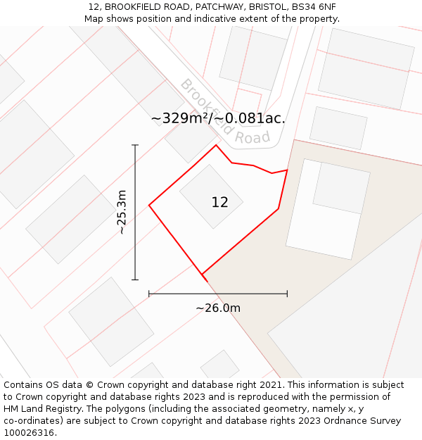 12, BROOKFIELD ROAD, PATCHWAY, BRISTOL, BS34 6NF: Plot and title map