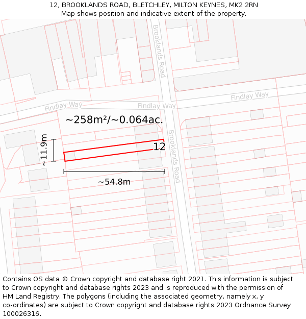 12, BROOKLANDS ROAD, BLETCHLEY, MILTON KEYNES, MK2 2RN: Plot and title map