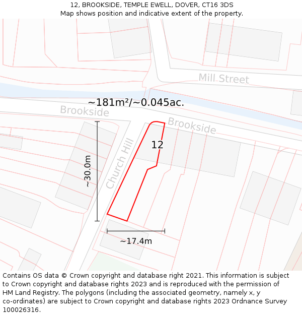 12, BROOKSIDE, TEMPLE EWELL, DOVER, CT16 3DS: Plot and title map