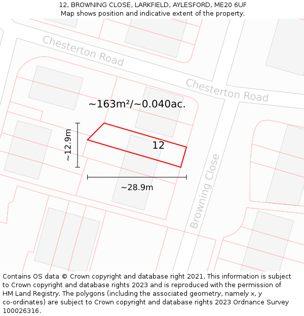 12, BROWNING CLOSE, LARKFIELD, AYLESFORD, ME20 6UF: Plot and title map
