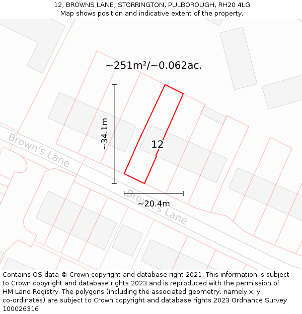 12, BROWNS LANE, STORRINGTON, PULBOROUGH, RH20 4LG: Plot and title map