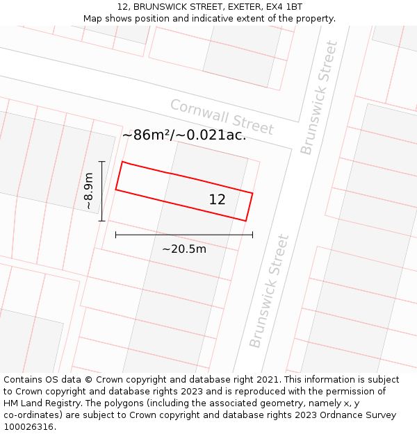 12, BRUNSWICK STREET, EXETER, EX4 1BT: Plot and title map