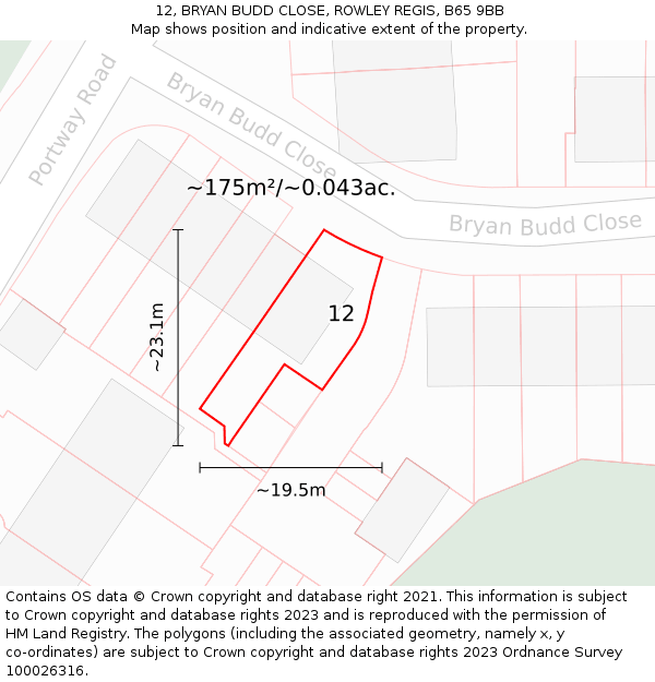 12, BRYAN BUDD CLOSE, ROWLEY REGIS, B65 9BB: Plot and title map