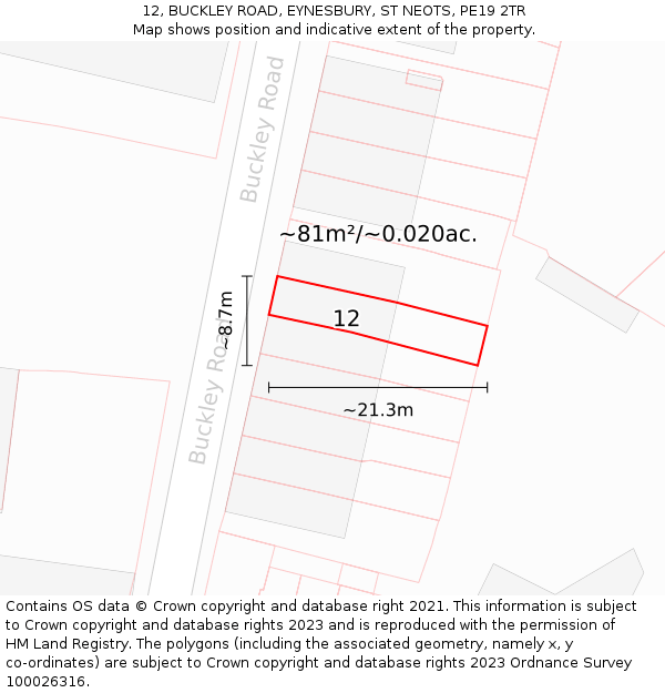 12, BUCKLEY ROAD, EYNESBURY, ST NEOTS, PE19 2TR: Plot and title map