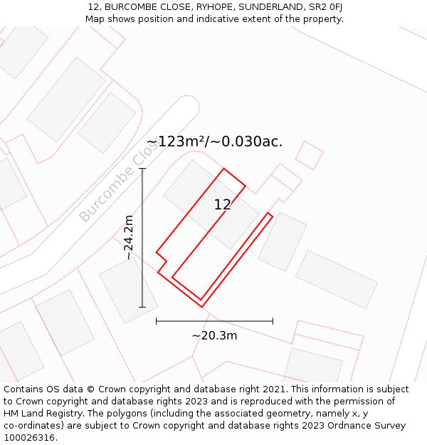 12, BURCOMBE CLOSE, RYHOPE, SUNDERLAND, SR2 0FJ: Plot and title map