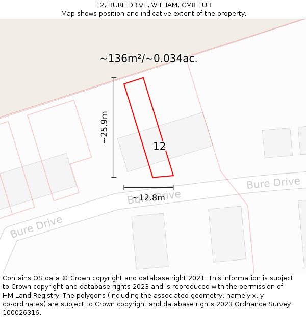 12, BURE DRIVE, WITHAM, CM8 1UB: Plot and title map