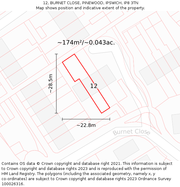 12, BURNET CLOSE, PINEWOOD, IPSWICH, IP8 3TN: Plot and title map
