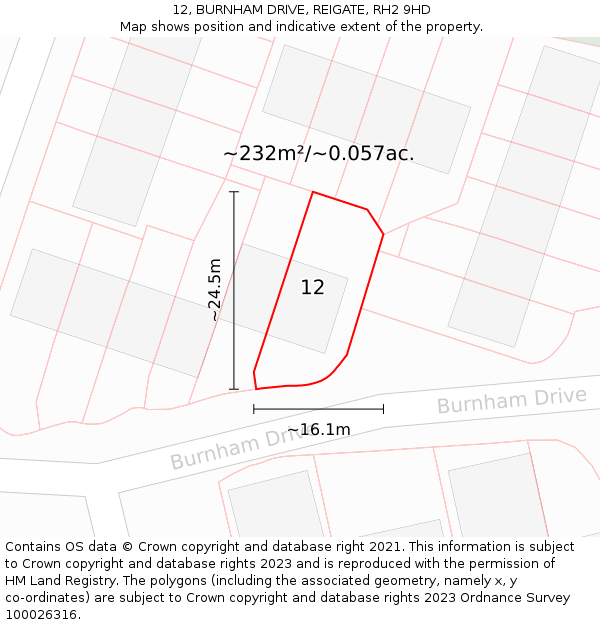 12, BURNHAM DRIVE, REIGATE, RH2 9HD: Plot and title map