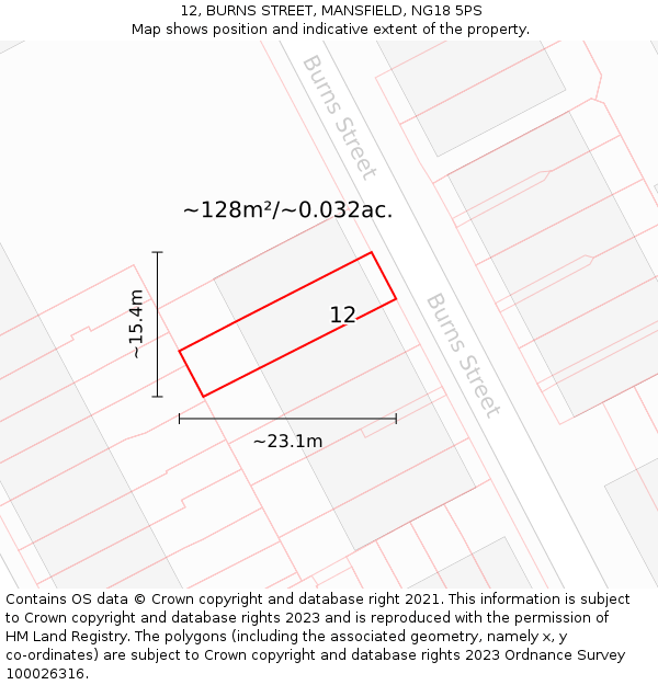 12, BURNS STREET, MANSFIELD, NG18 5PS: Plot and title map