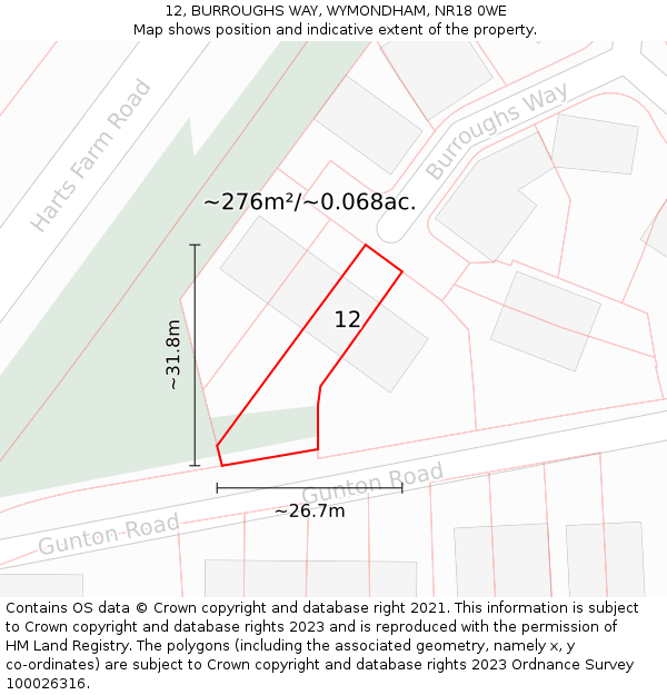 12, BURROUGHS WAY, WYMONDHAM, NR18 0WE: Plot and title map