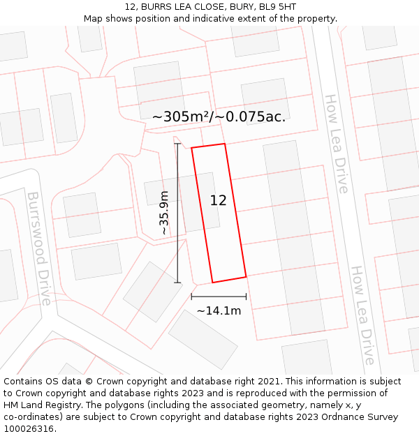 12, BURRS LEA CLOSE, BURY, BL9 5HT: Plot and title map