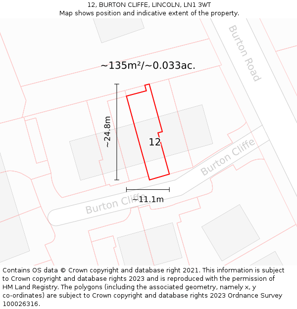 12, BURTON CLIFFE, LINCOLN, LN1 3WT: Plot and title map