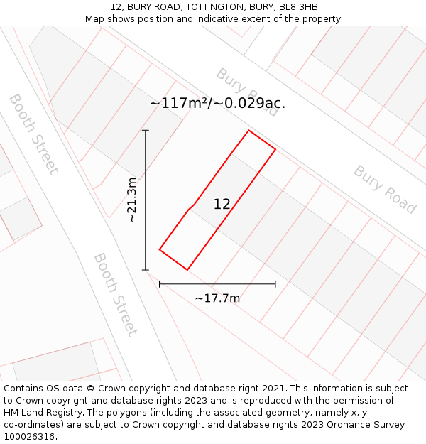12, BURY ROAD, TOTTINGTON, BURY, BL8 3HB: Plot and title map