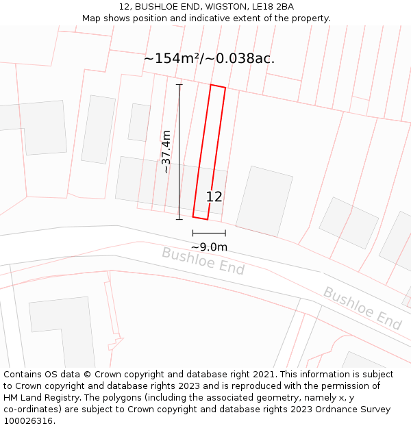 12, BUSHLOE END, WIGSTON, LE18 2BA: Plot and title map