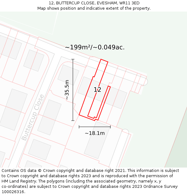 12, BUTTERCUP CLOSE, EVESHAM, WR11 3ED: Plot and title map