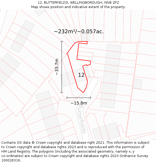 12, BUTTERFIELDS, WELLINGBOROUGH, NN8 2PZ: Plot and title map