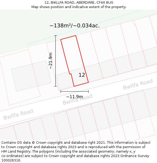 12, BWLLFA ROAD, ABERDARE, CF44 8UG: Plot and title map