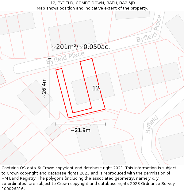 12, BYFIELD, COMBE DOWN, BATH, BA2 5JD: Plot and title map