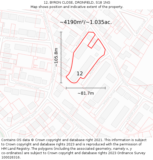 12, BYRON CLOSE, DRONFIELD, S18 1NG: Plot and title map
