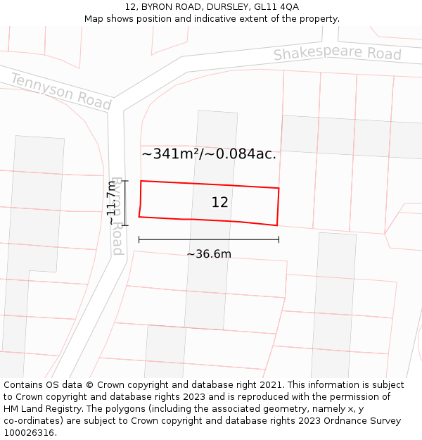 12, BYRON ROAD, DURSLEY, GL11 4QA: Plot and title map