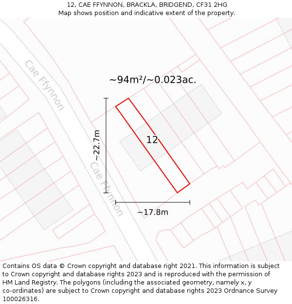 12, CAE FFYNNON, BRACKLA, BRIDGEND, CF31 2HG: Plot and title map