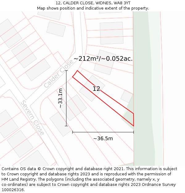 12, CALDER CLOSE, WIDNES, WA8 3YT: Plot and title map