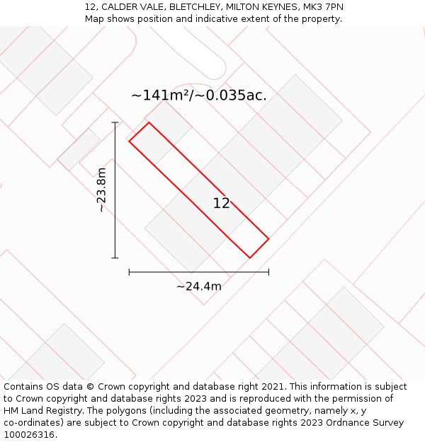 12, CALDER VALE, BLETCHLEY, MILTON KEYNES, MK3 7PN: Plot and title map