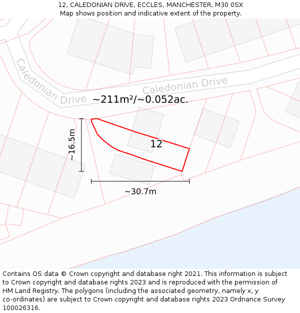 12, CALEDONIAN DRIVE, ECCLES, MANCHESTER, M30 0SX: Plot and title map