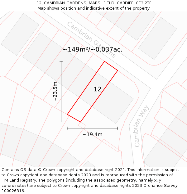 12, CAMBRIAN GARDENS, MARSHFIELD, CARDIFF, CF3 2TF: Plot and title map
