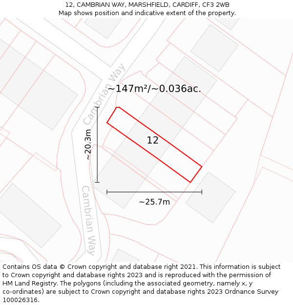 12, CAMBRIAN WAY, MARSHFIELD, CARDIFF, CF3 2WB: Plot and title map