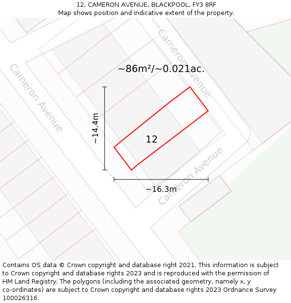 12, CAMERON AVENUE, BLACKPOOL, FY3 8RF: Plot and title map