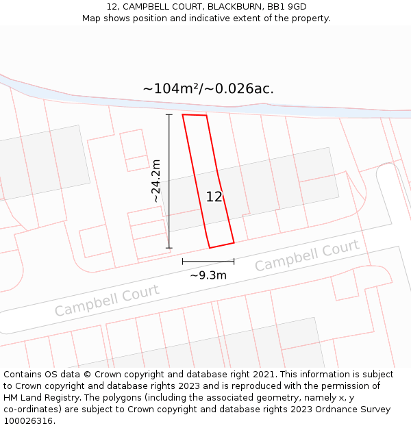 12, CAMPBELL COURT, BLACKBURN, BB1 9GD: Plot and title map