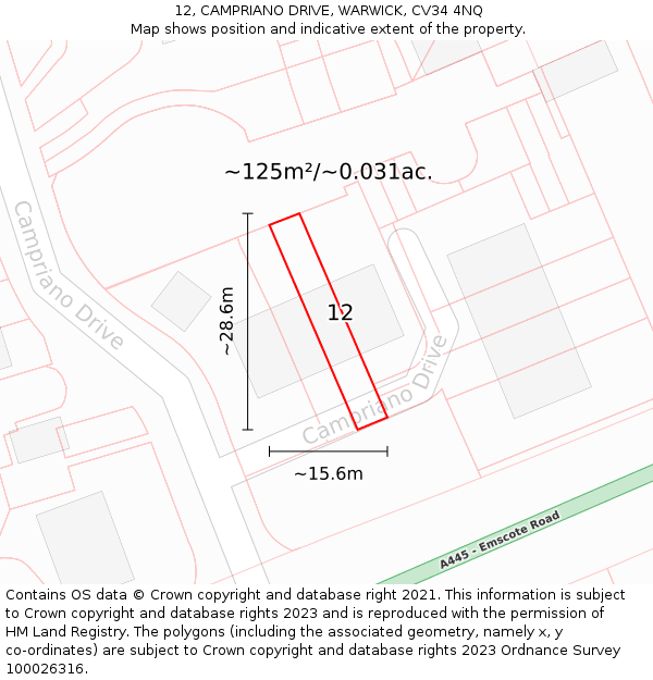 12, CAMPRIANO DRIVE, WARWICK, CV34 4NQ: Plot and title map