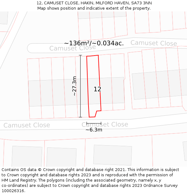 12, CAMUSET CLOSE, HAKIN, MILFORD HAVEN, SA73 3NN: Plot and title map