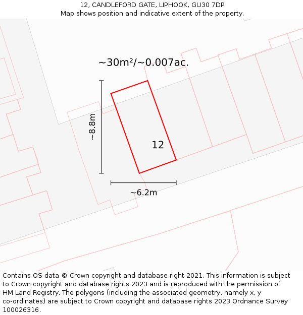 12, CANDLEFORD GATE, LIPHOOK, GU30 7DP: Plot and title map