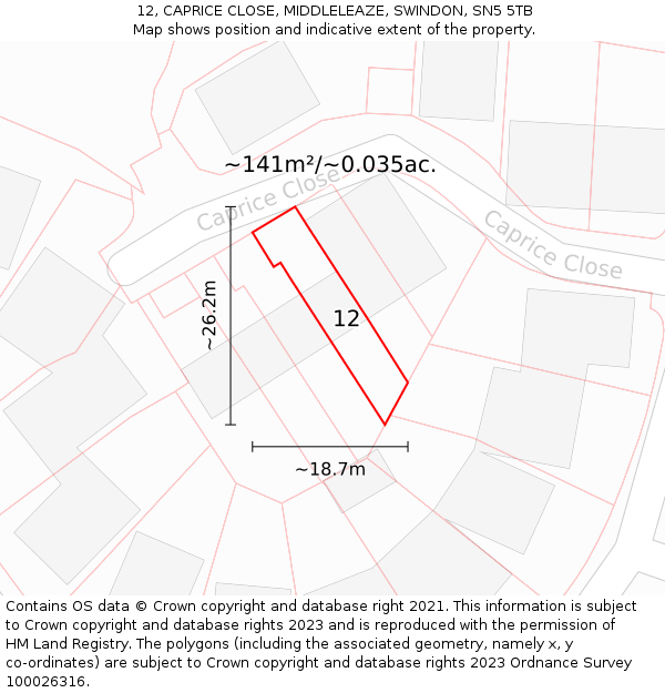 12, CAPRICE CLOSE, MIDDLELEAZE, SWINDON, SN5 5TB: Plot and title map