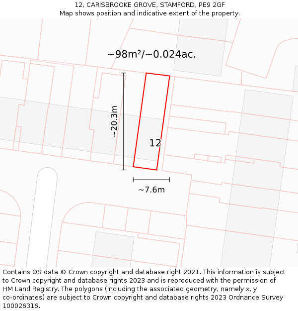 12, CARISBROOKE GROVE, STAMFORD, PE9 2GF: Plot and title map
